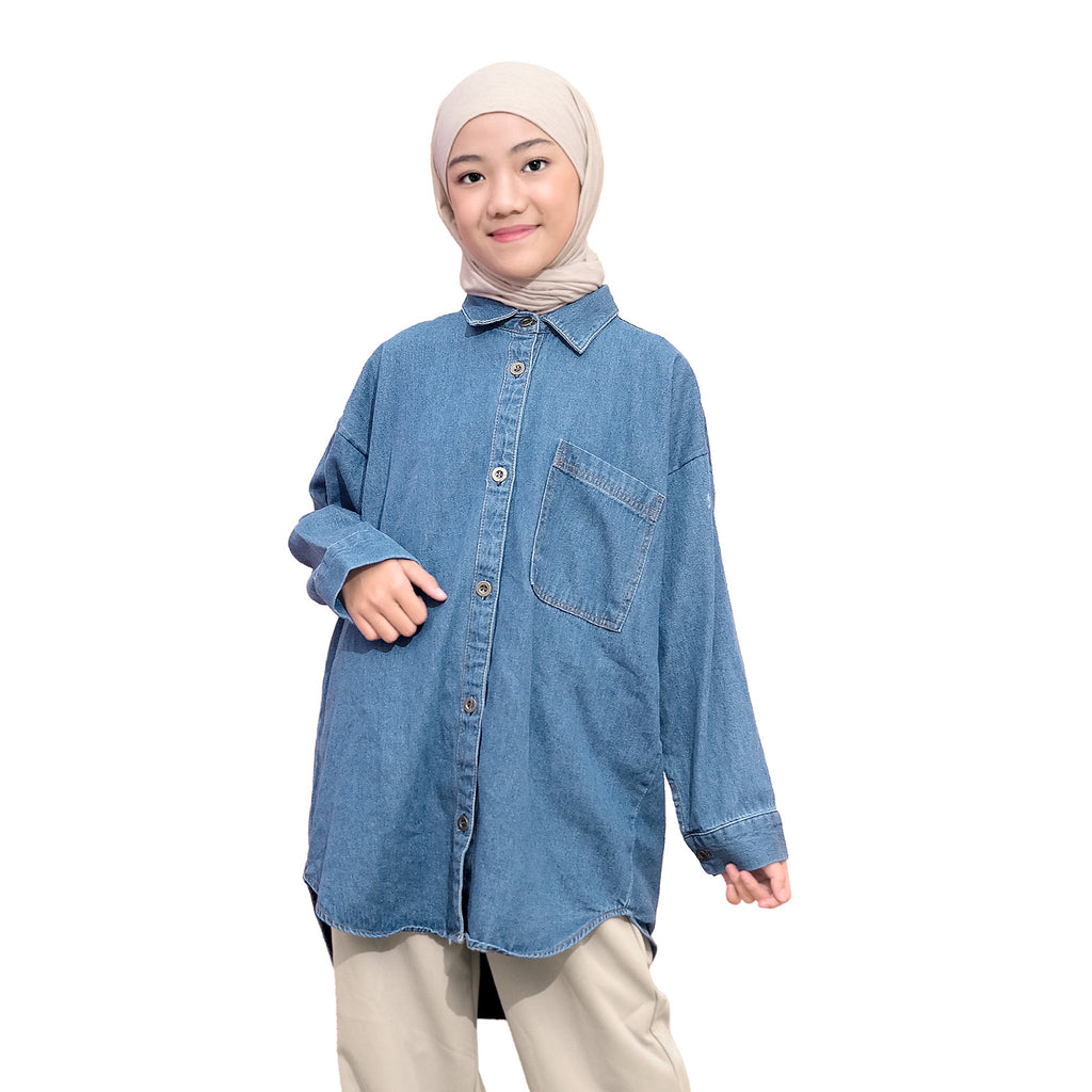 GEO OVERSIZED DENIM SHIRT - MEDIUM BLUE