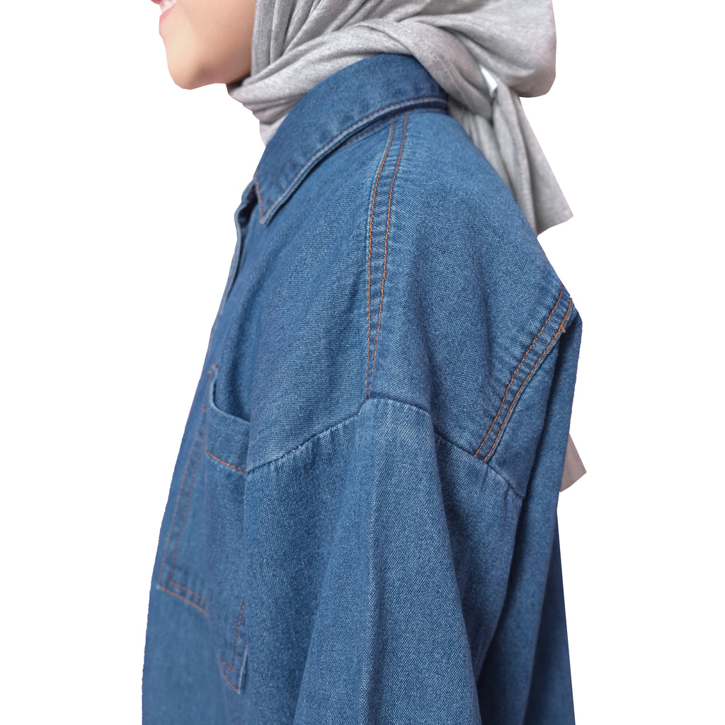 GEO OVERSIZED DENIM SHIRT - MEDIUM BLUE